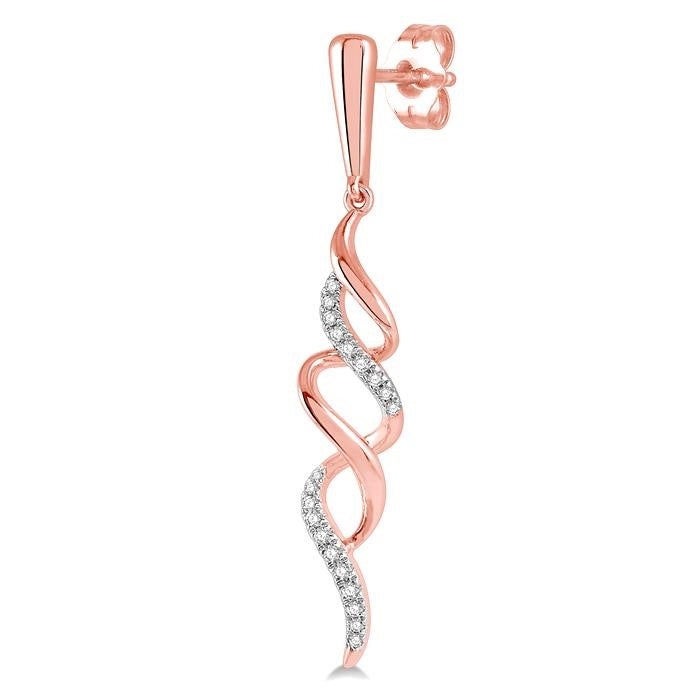 1/6 Ctw Ribbon Swirl Round Cut Diamond Long Earrings in 10K Rose Gold