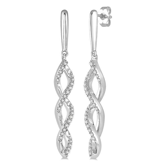 1/5 Ctw Swirl Round Cut Diamond Long Earrings in 10K White Gold