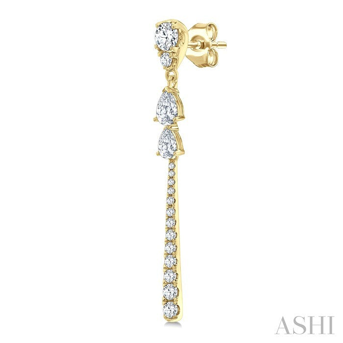 7/8 Ctw Pear and Round Cut Diamond Dangle Fashion Long earrings in 14K Yellow Gold