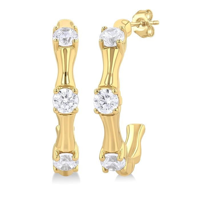 1/8 Ctw Petite Bamboo Shoot Inspired Round Cut Diamond Fashion Half Hoop Earrings in 10K Yellow Gold