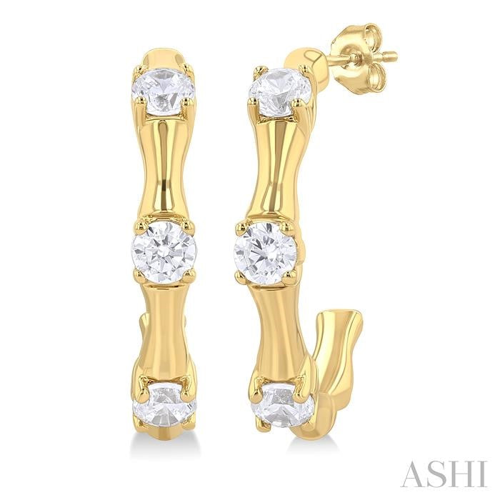 1/8 Ctw Petite Bamboo Shoot Inspired Round Cut Diamond Fashion Half Hoop Earrings in 10K Yellow Gold