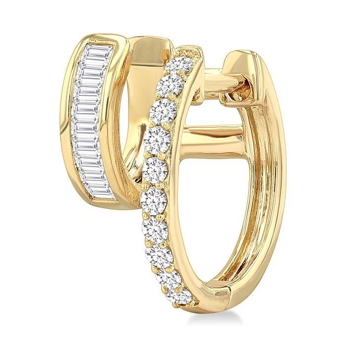 1/2 Ctw Petite Double Hoop Baguette and Round Cut Diamond Fashion Huggies in 14K Yellow Gold