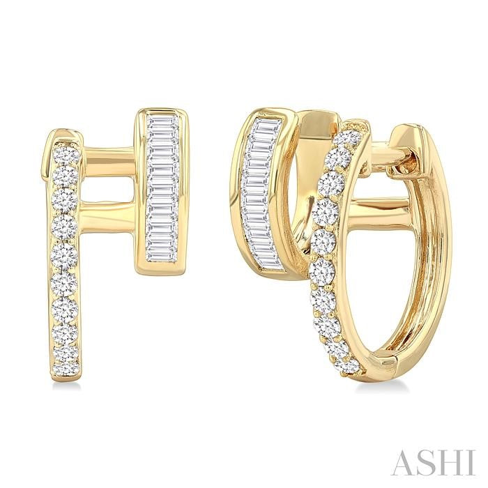 1/2 Ctw Petite Double Hoop Baguette and Round Cut Diamond Fashion Huggies in 14K Yellow Gold