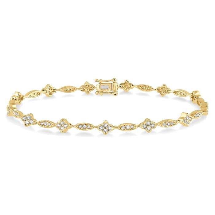 1 1/10 Ctw Marquise and Floral Link Diamond Bracelet in 14K Yellow Gold