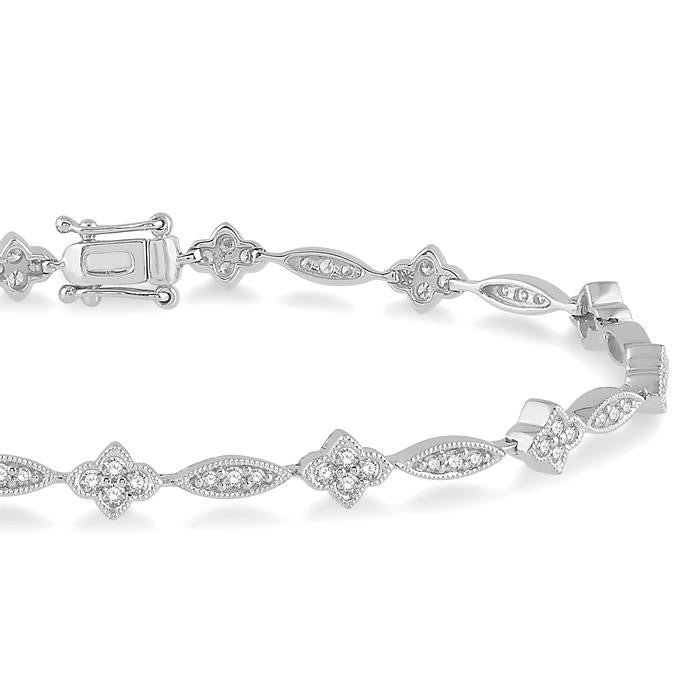 1 1/10 Ctw Marquise and Floral Link Diamond Bracelet in 14K White Gold