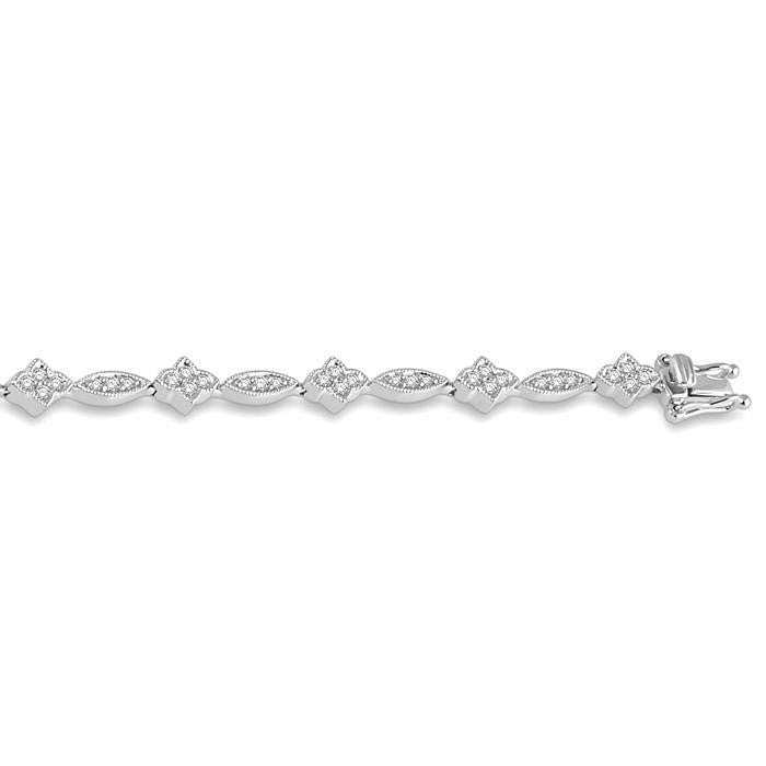 1 1/10 Ctw Marquise and Floral Link Diamond Bracelet in 14K White Gold