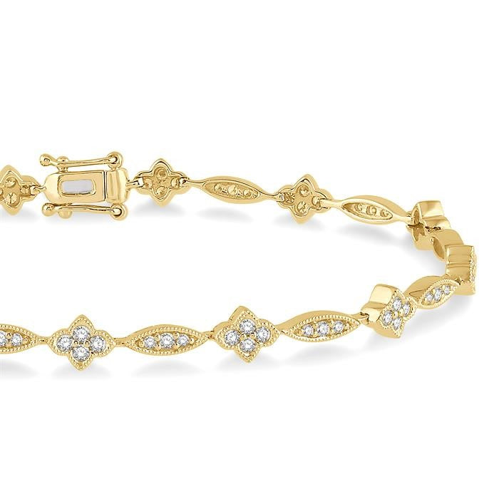 1 1/10 Ctw Marquise and Floral Link Diamond Bracelet in 14K Yellow Gold