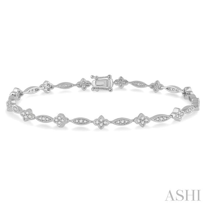 1 1/10 Ctw Marquise and Floral Link Diamond Bracelet in 14K White Gold