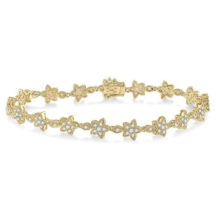 1 1/5 Ctw Flower and Marquise Link Diamond Bracelet in 14K Yellow Gold