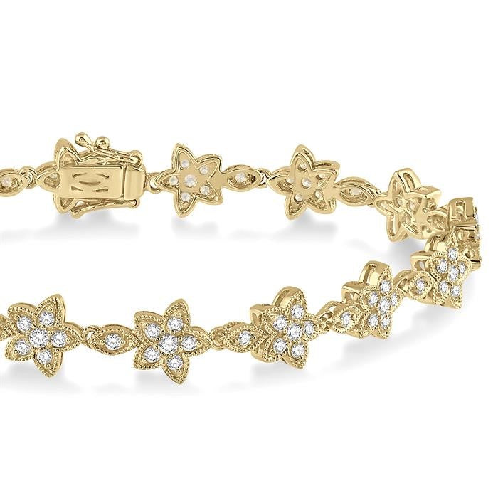 1 1/5 Ctw Flower and Marquise Link Diamond Bracelet in 14K Yellow Gold
