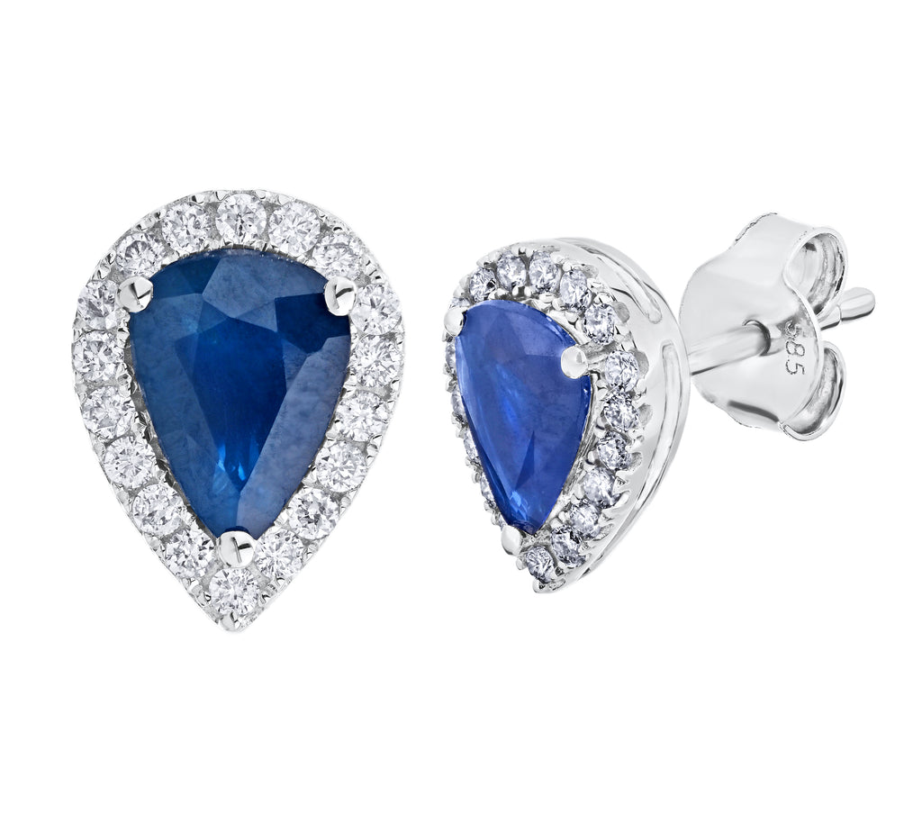 Diamond Halo Surrounding 1 3/4 Ctw Pear Shaped Genuine Sapphire Earrings