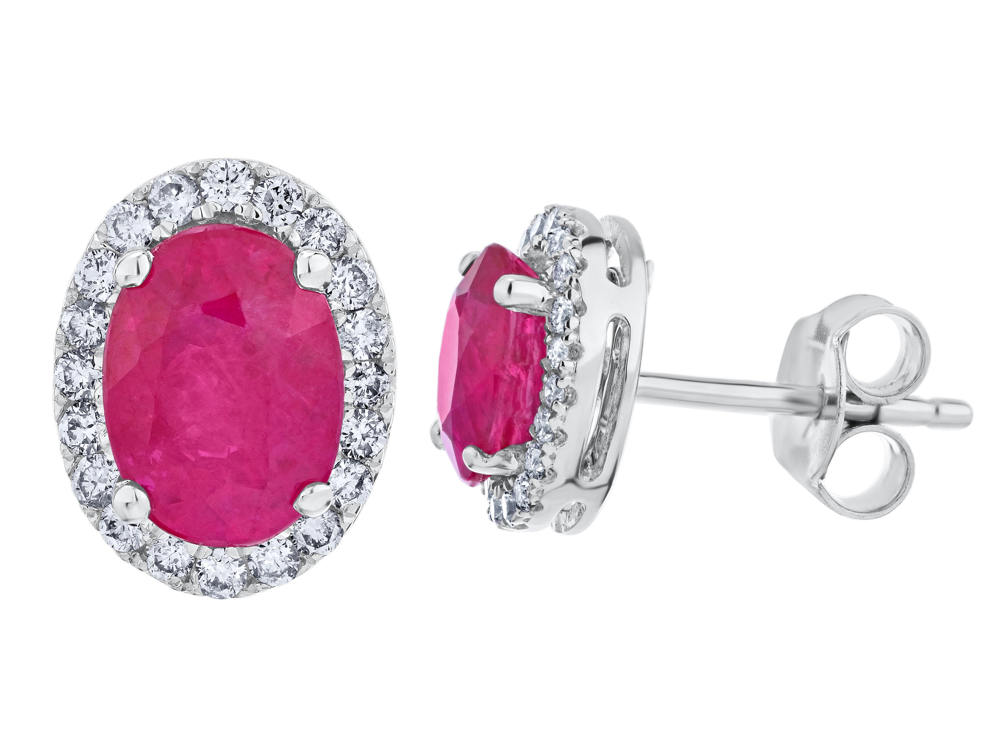 Diamond Halo Surrounding Oval Genuine Ruby Earrings