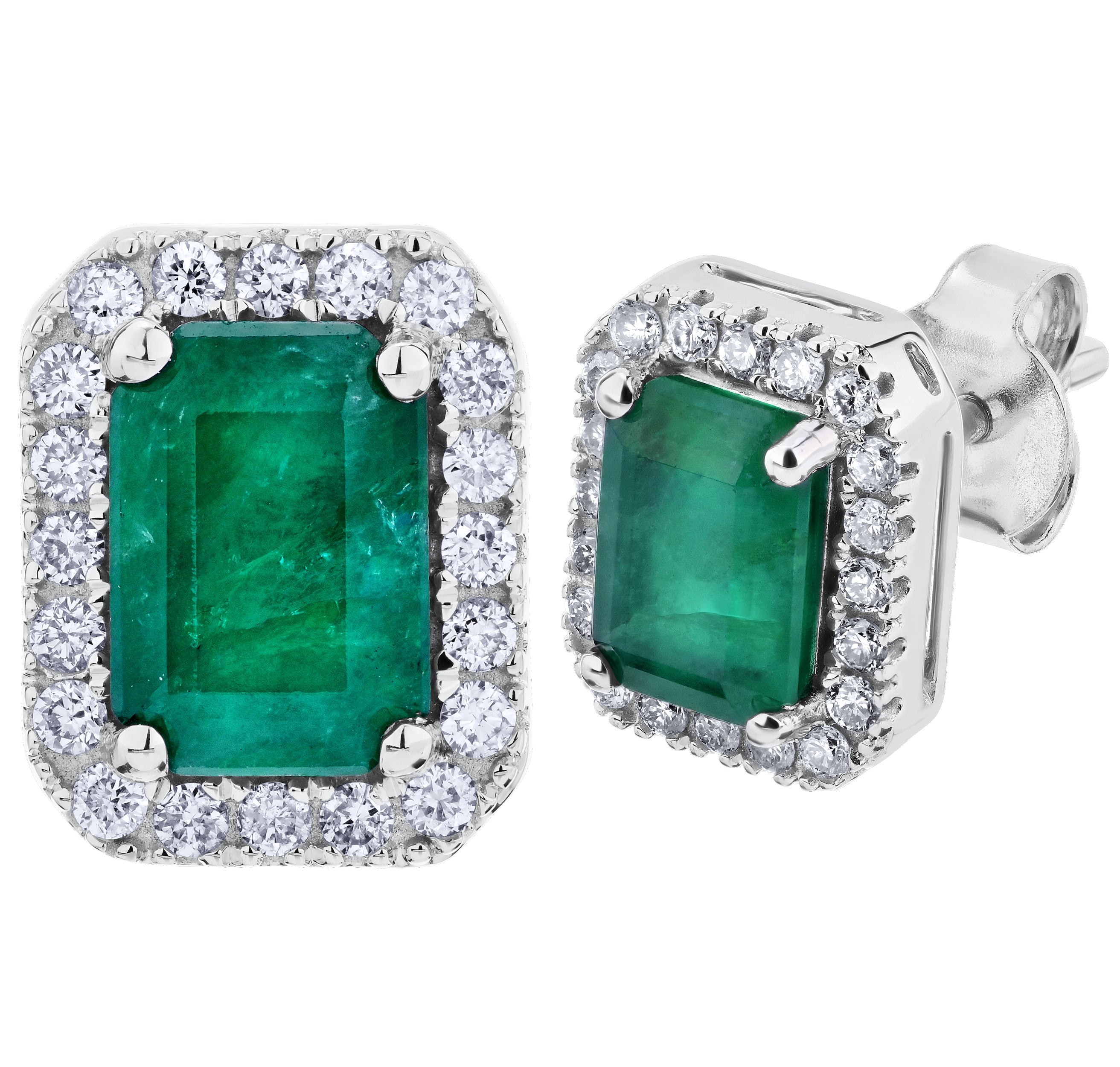 Diamond Halo surrounding a classic Emerald Cut Geniune Emerald Earrings