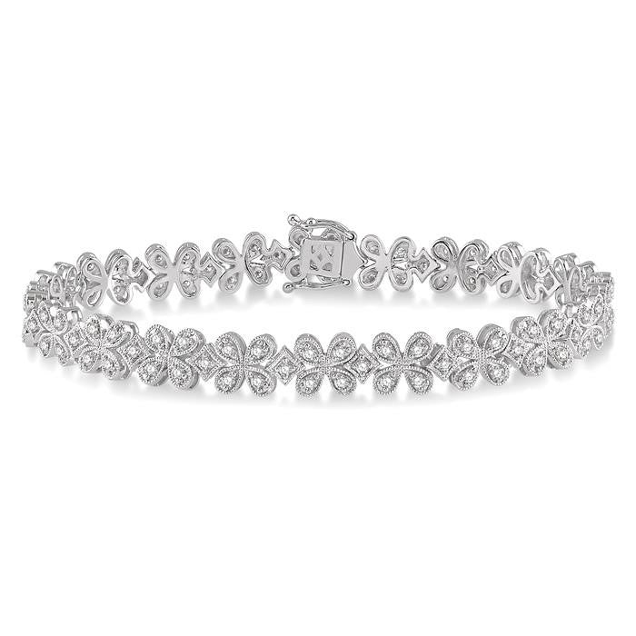 1 1/2 Ctw Floral Link Diamond Bracelet in 14K White Gold