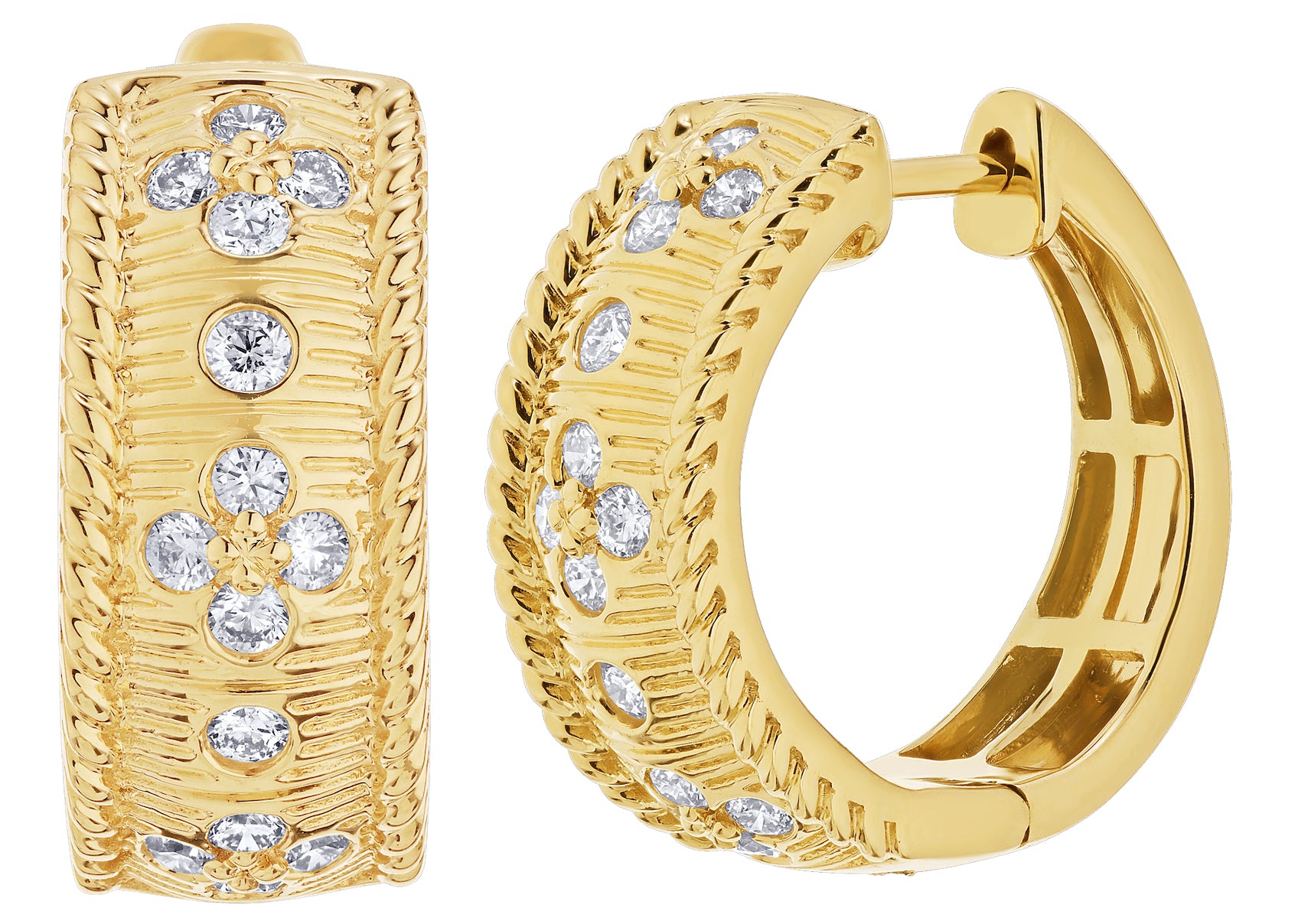 Diamond Round Burnish Set Texture Twisted Rope Edged Dome Huggie Earrings 