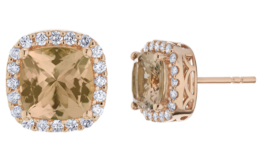 Diamond and Cushion Shaped Morganite Halo Earrings