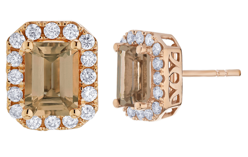 Diamond and Emerald Shaped Morganite Halo Earrings