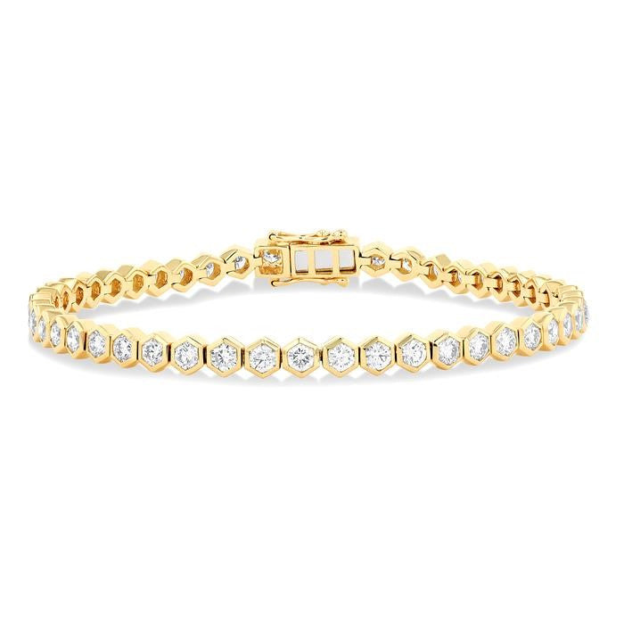 4 Ctw Hexagon Motif Bezel Set Round Cut Diamond Tennis Bracelet in 14K Yellow Gold