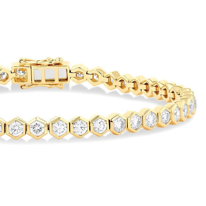 4 Ctw Hexagon Motif Bezel Set Round Cut Diamond Tennis Bracelet in 14K Yellow Gold