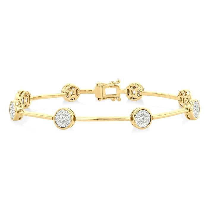 1 1/5 Ctw Shine Bright Circular and Bar Shape Link Round Cut Diamond Bracelet in 14K Yellow and White Gold