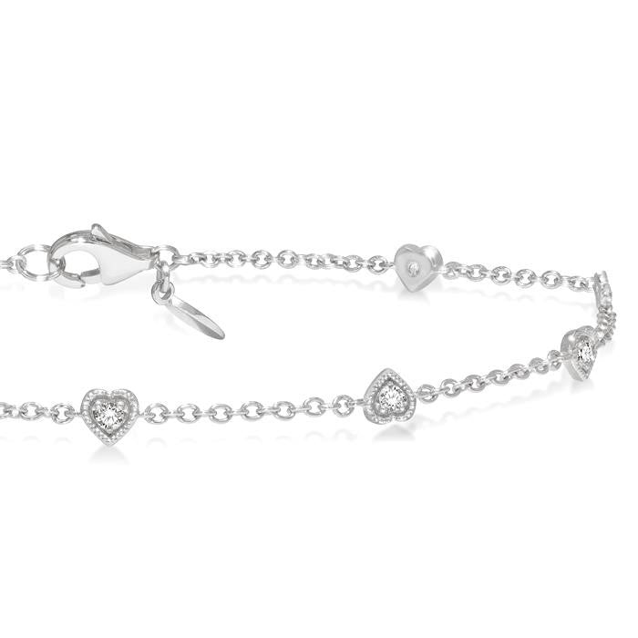 1/6 Ctw Heart Shape Mount Round Cut Diamond Station Bracelet in 10K White Gold