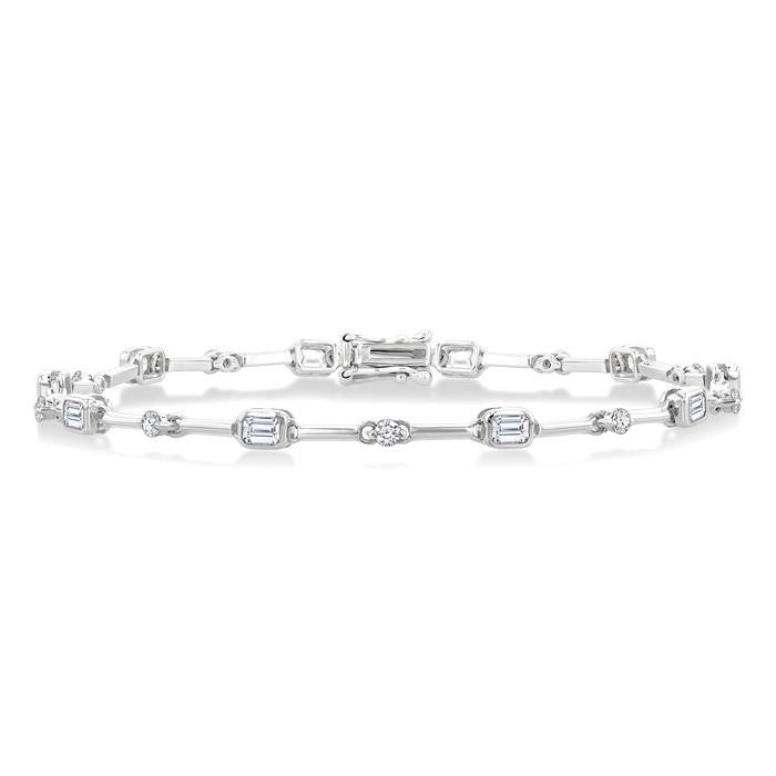 1 1/3 Ctw Bezel Set Emerald and Round Cut Diamond Bar Link Bracelet in 14K White Gold