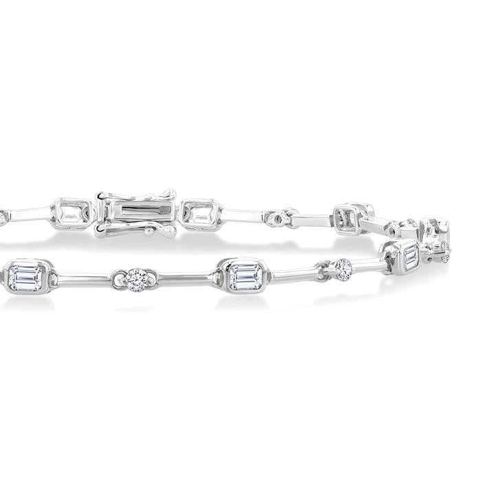 1 1/3 Ctw Bezel Set Emerald and Round Cut Diamond Bar Link Bracelet in 14K White Gold