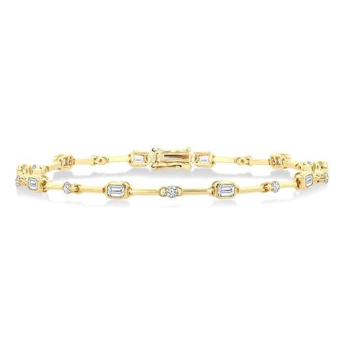 1 1/3 Ctw Bezel Set Emerald and Round Cut Diamond Bar Link Bracelet in 14K Yellow Gold