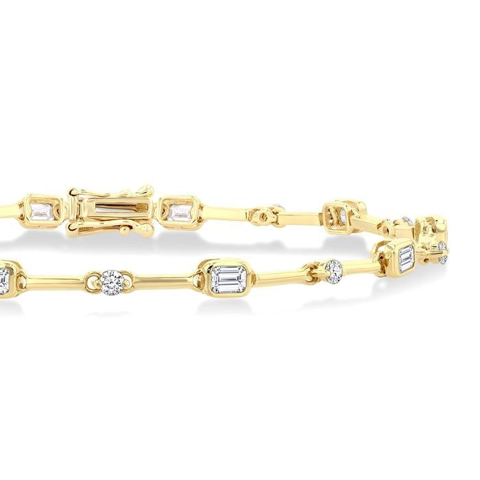 1 1/3 Ctw Bezel Set Emerald and Round Cut Diamond Bar Link Bracelet in 14K Yellow Gold