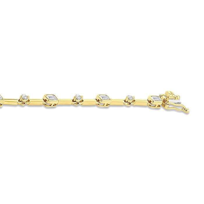 1 1/3 Ctw Bezel Set Emerald and Round Cut Diamond Bar Link Bracelet in 14K Yellow Gold