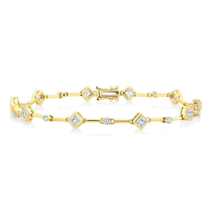1 1/3 Ctw Bezel Set Princess and Round Cut Diamond Bar Link Bracelet in 14K Yellow Gold