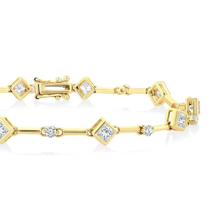 1 1/3 Ctw Bezel Set Princess and Round Cut Diamond Bar Link Bracelet in 14K Yellow Gold