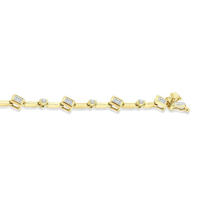 1 1/3 Ctw Bezel Set Princess and Round Cut Diamond Bar Link Bracelet in 14K Yellow Gold