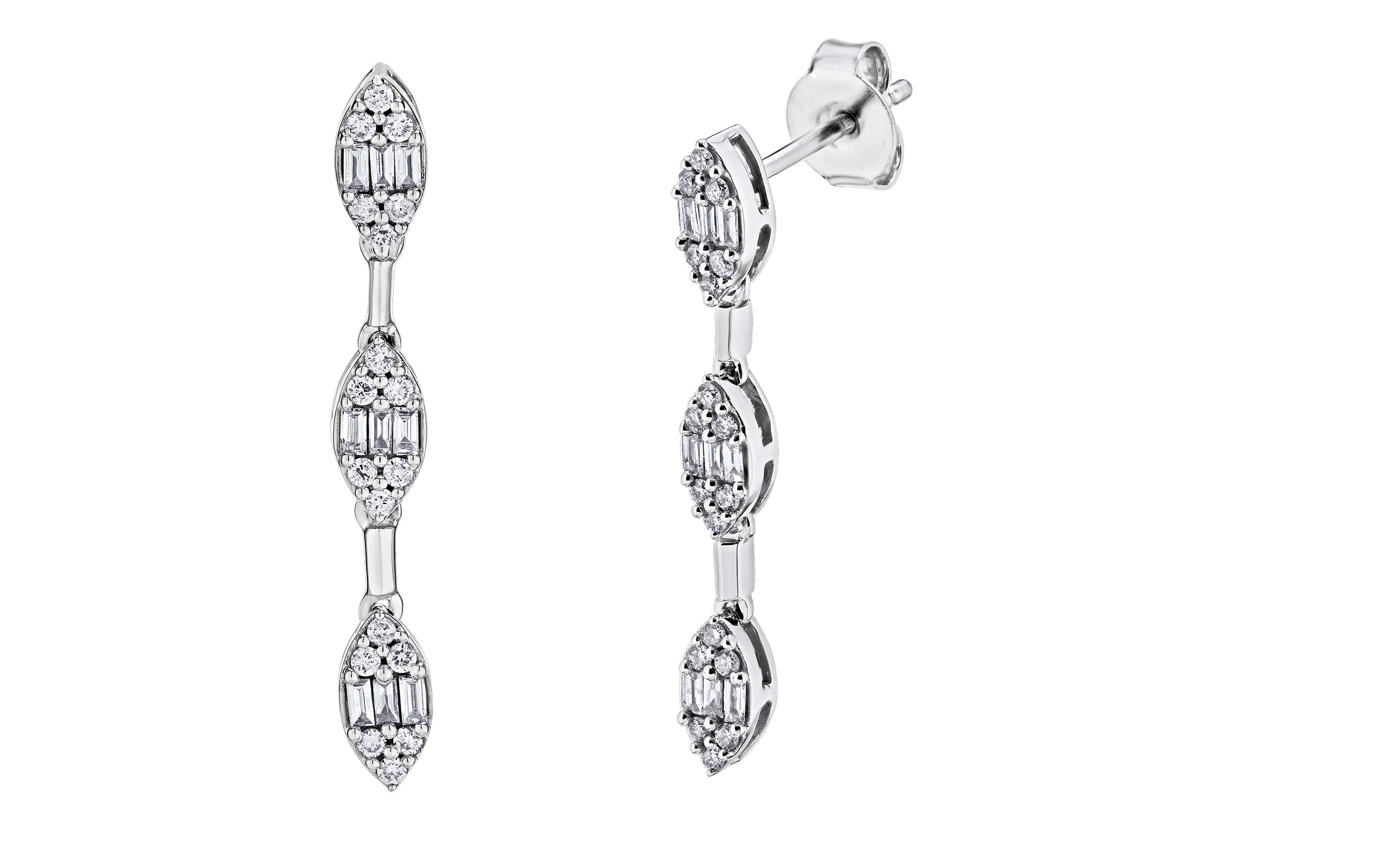 Diamond Baguette and Round Dangle Earrings
