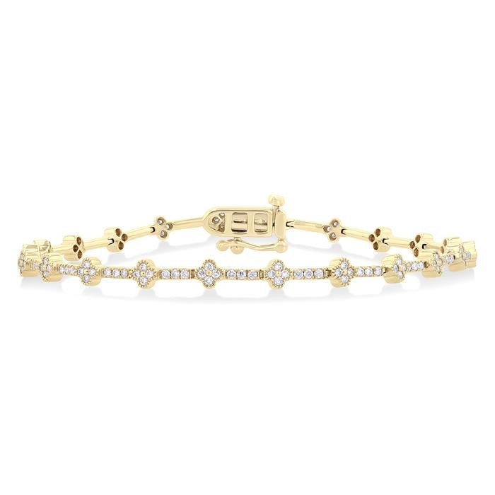 1 Ctw Clover Motif Round Cut Diamond Bracelet in 14K Yellow Gold