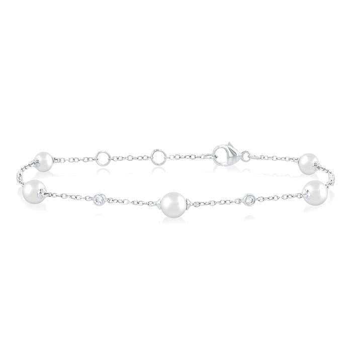 5 MM Round Shape Cultured Pearl and 1/6 Ctw Round Cut Diamond Fashion Station Bracelet in 14K White Gold