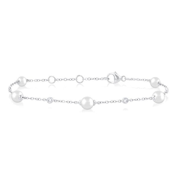 5 MM Round Shape Cultured Pearl and 1/6 Ctw Round Cut Diamond Fashion Station Bracelet in 14K White Gold