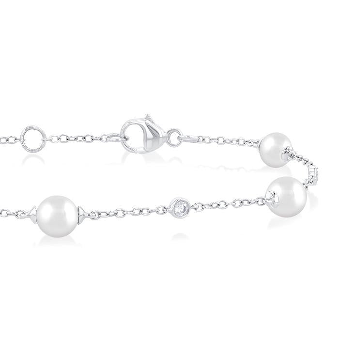 5 MM Round Shape Cultured Pearl and 1/6 Ctw Round Cut Diamond Fashion Station Bracelet in 14K White Gold