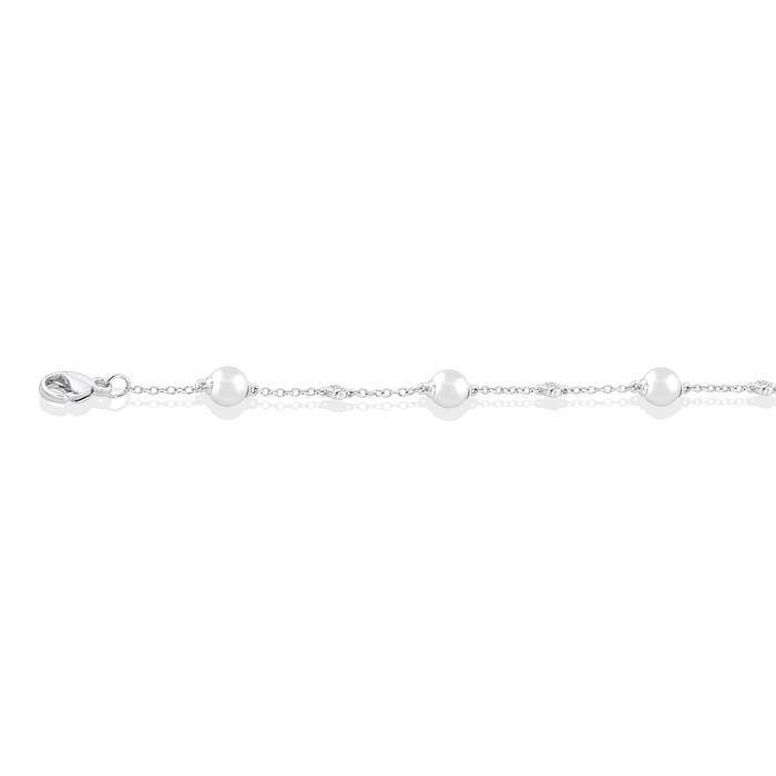 5 MM Round Shape Cultured Pearl and 1/6 Ctw Round Cut Diamond Fashion Station Bracelet in 14K White Gold