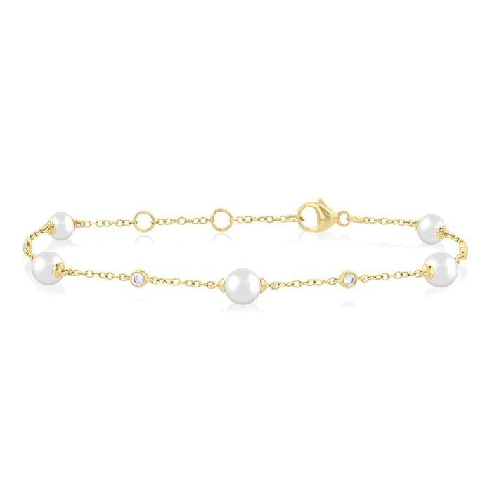 5 MM Round Shape Cultured Pearl and 1/6 Ctw Round Cut Diamond Fashion Station Bracelet in 14K Yellow Gold