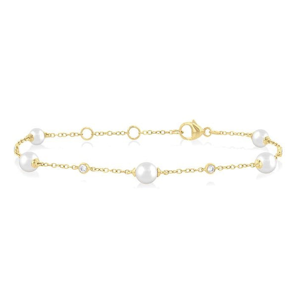 5 MM Round Shape Cultured Pearl and 1/6 Ctw Round Cut Diamond Fashion Station Bracelet in 14K Yellow Gold