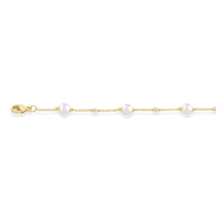 5 MM Round Shape Cultured Pearl and 1/6 Ctw Round Cut Diamond Fashion Station Bracelet in 14K Yellow Gold