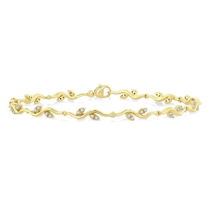 1/4 Ctw Leaf Accent Wavy Link Round Cut Diamond Fashion Bracelet in 10K Yellow Gold