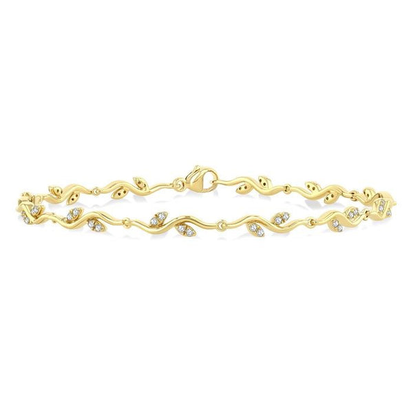 1/4 Ctw Leaf Accent Wavy Link Round Cut Diamond Fashion Bracelet in 10K Yellow Gold