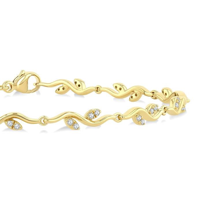 1/4 Ctw Leaf Accent Wavy Link Round Cut Diamond Fashion Bracelet in 10K Yellow Gold