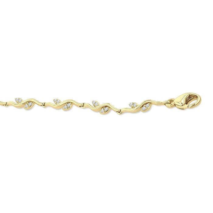 1/4 Ctw Leaf Accent Wavy Link Round Cut Diamond Fashion Bracelet in 10K Yellow Gold