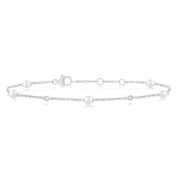 3 MM Round Shape Cultured Pearl and 1/20 Ctw Round Cut Diamond Fashion Station Bracelet in 14K White Gold