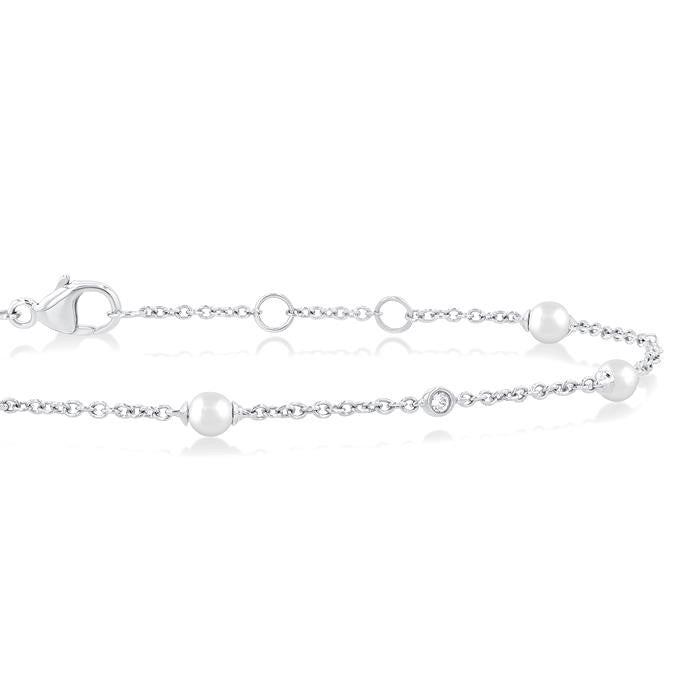3 MM Round Shape Cultured Pearl and 1/20 Ctw Round Cut Diamond Fashion Station Bracelet in 14K White Gold