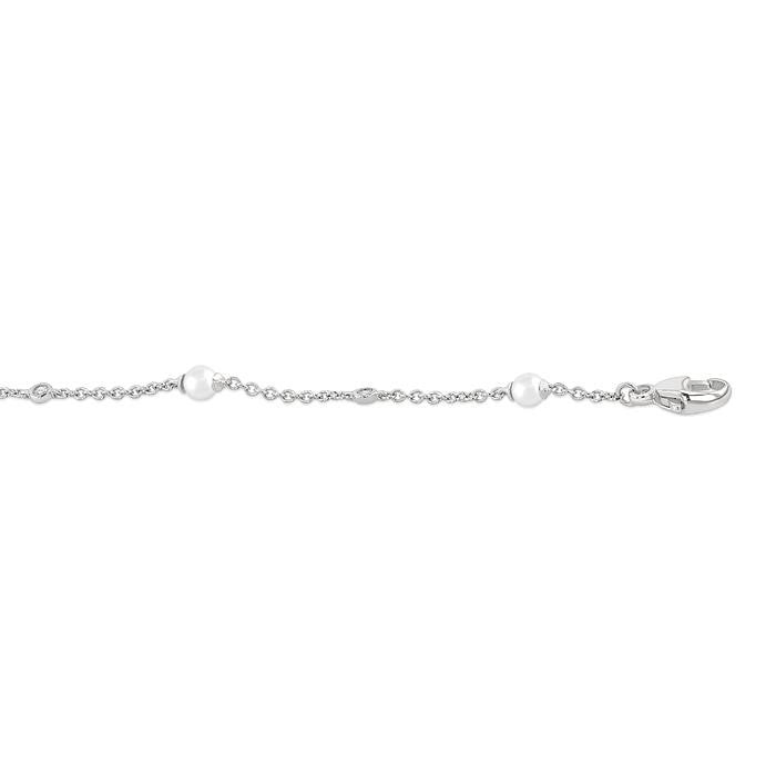 3 MM Round Shape Cultured Pearl and 1/20 Ctw Round Cut Diamond Fashion Station Bracelet in 14K White Gold