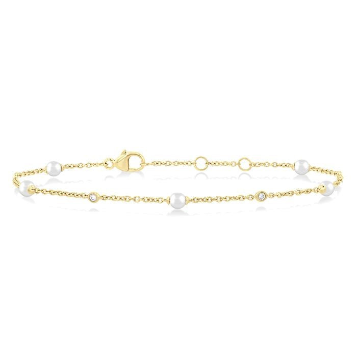 3 MM Round Shape Cultured Pearl and 1/20 Ctw Round Cut Diamond Fashion Station Bracelet in 14K Yellow Gold